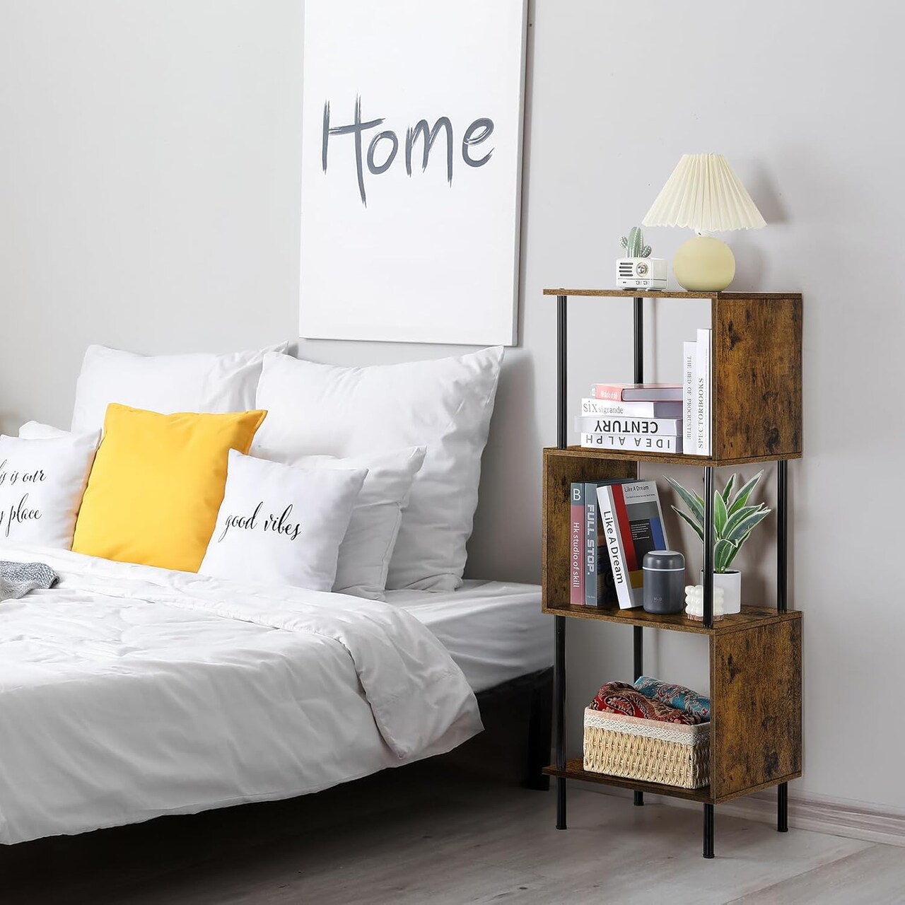 4-Tier S-Shaped Bookcase – Modern Freestanding Wooden & Metal Shelves for Farmhouse, Living Room, Bedroom, Home Office – Space-Saving Storage with Anti-Tip Kit